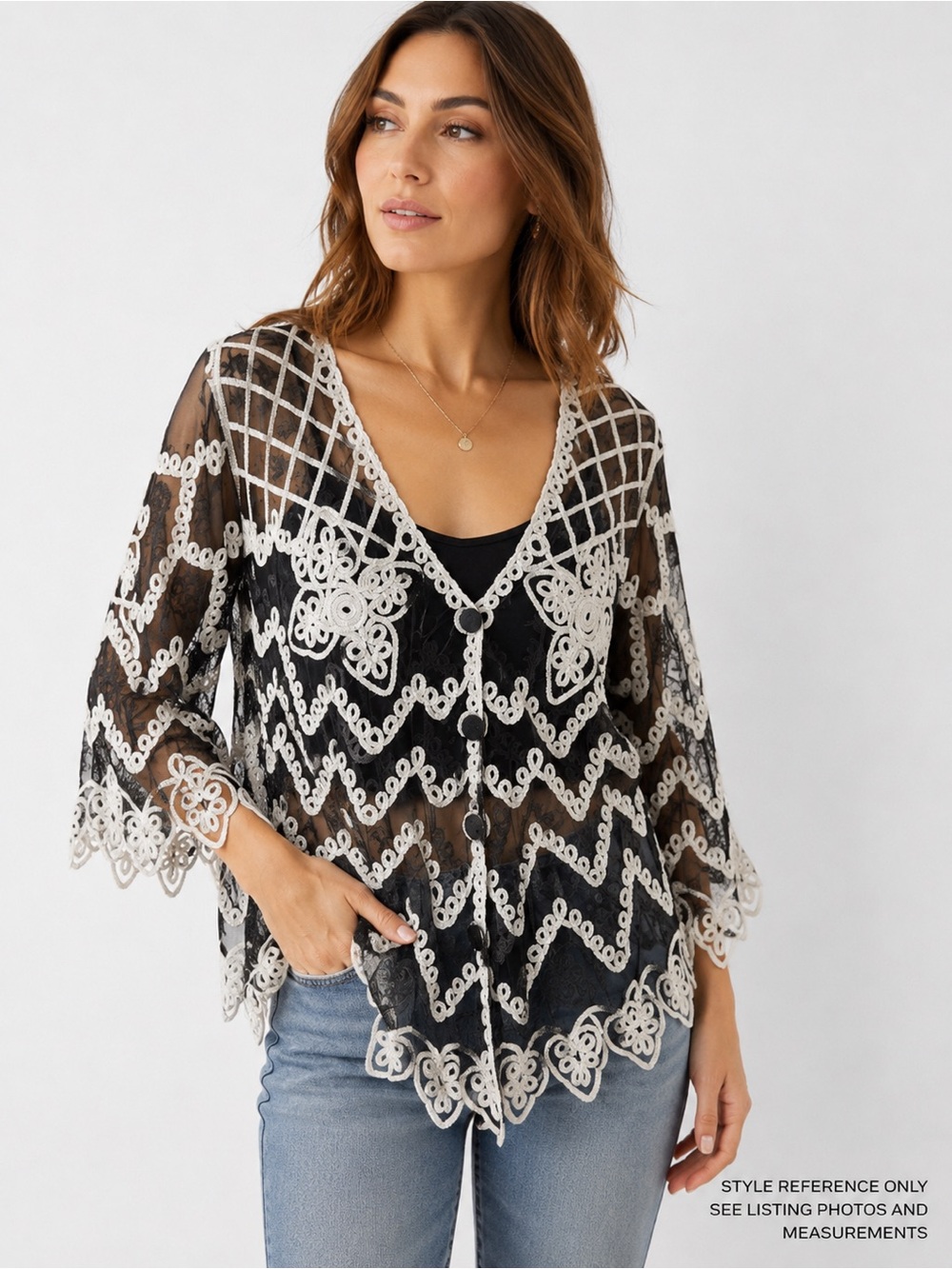 Pretty Angel Embroidered Mesh Kimono Cardigan Silk Blend Black Ivory Size L
